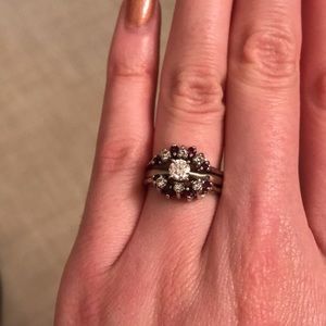 0.5ct engagement ring + wedding band 14k white gold diamonds and rubies